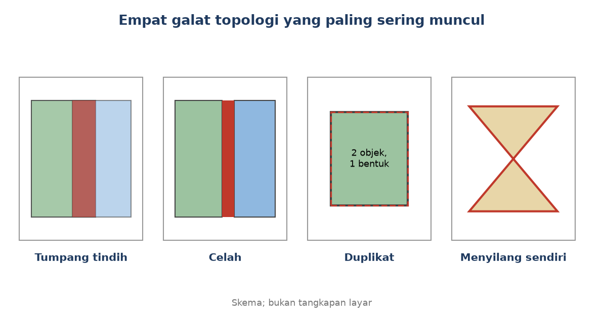 Skema: tumpang tindih, celah, duplikat, dan poligon yang menyilang sendiri