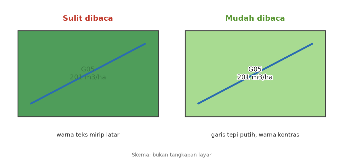Skema: label hijau di atas poligon hijau sulit dibaca, label gelap dengan garis tepi putih mudah dibaca