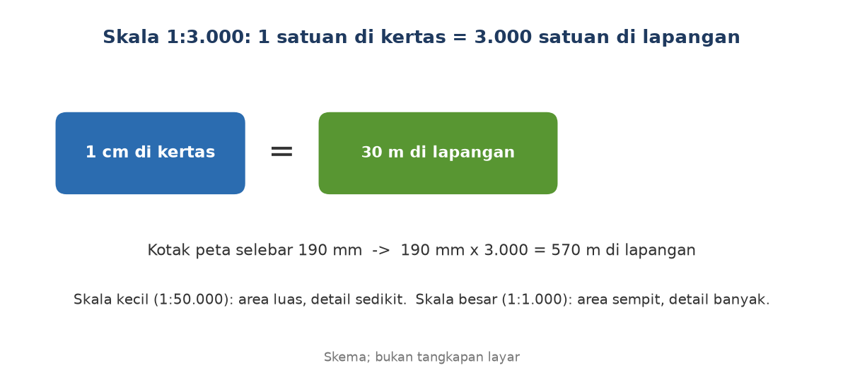 Skema: 1 cm di kertas mewakili 30 m pada skala 1:3.000