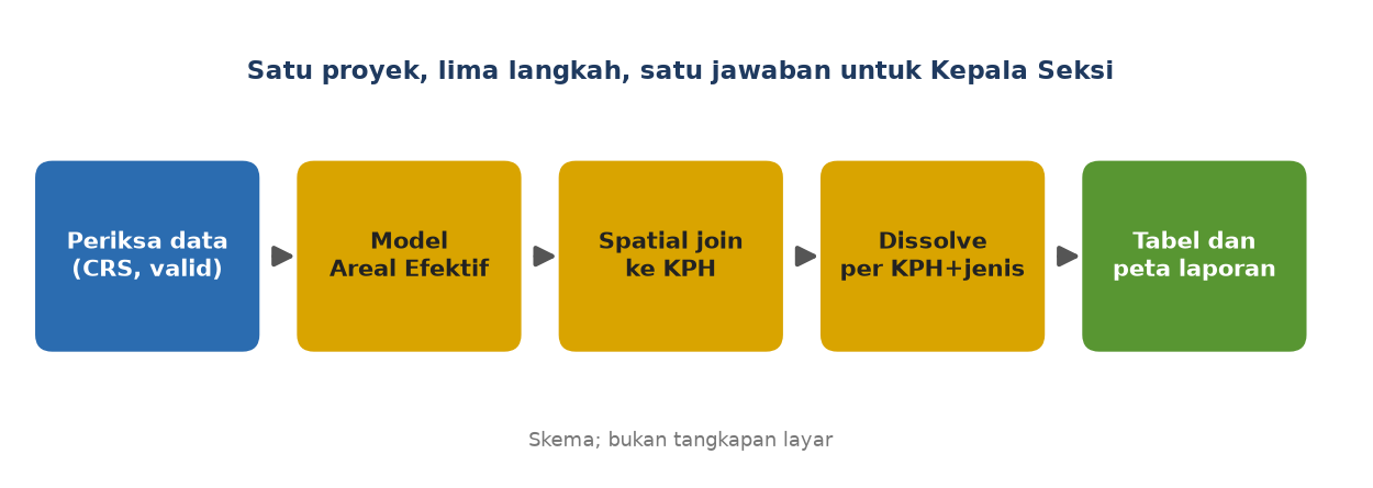Skema: lima langkah dari memeriksa data sampai tabel dan peta laporan