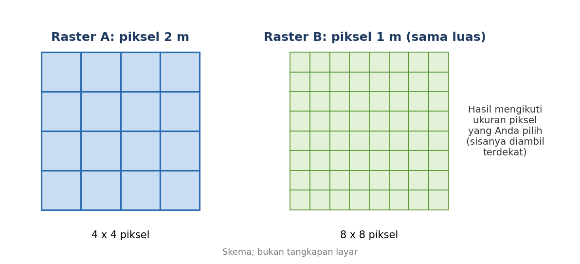 Skema: dua raster sama luas dengan piksel 2 m dan 1 m
