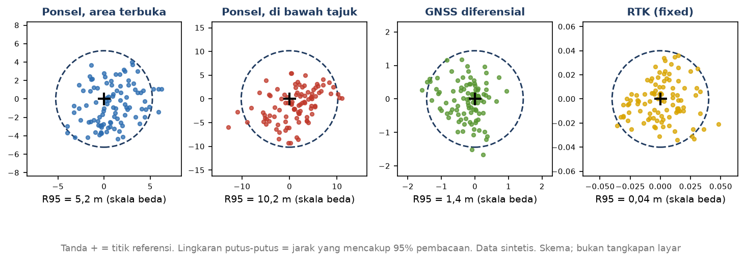 Skema: empat sebaran titik GNSS di sekitar titik referensi, dengan lingkaran R95 pada tiap cara ukur