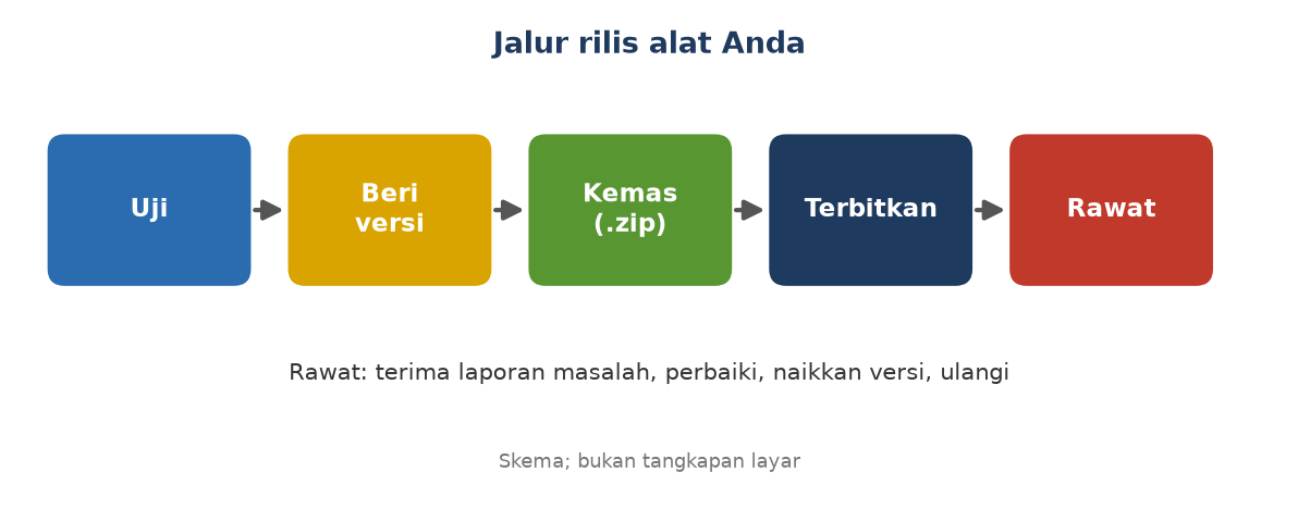 Skema lima tahap: uji, beri versi, kemas, terbitkan, rawat