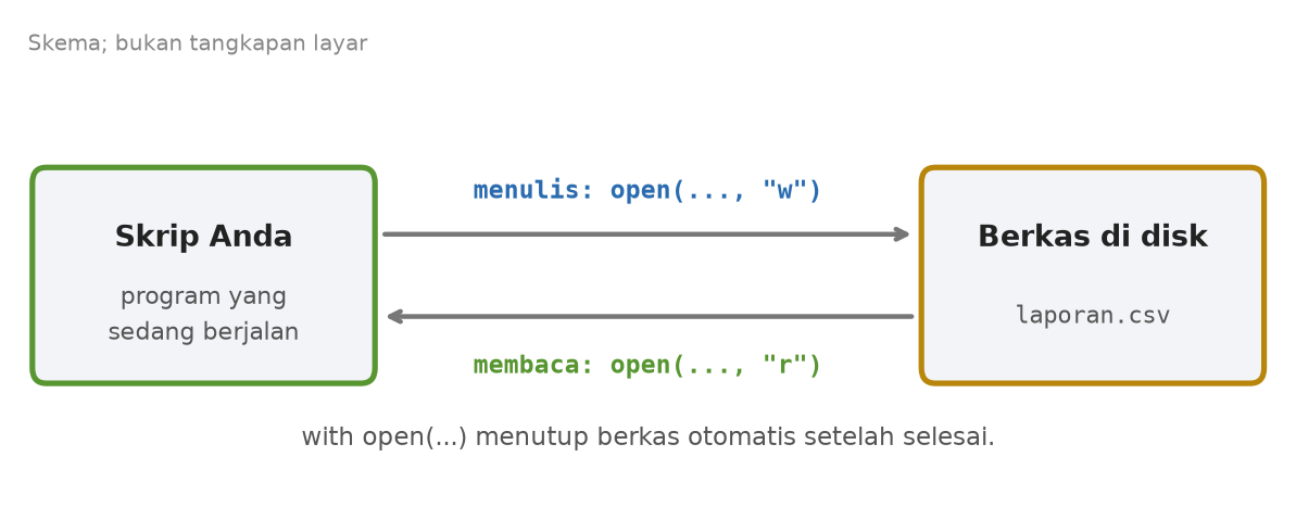 Skema skrip menulis ke berkas laporan.csv dengan mode w dan membaca dengan mode r